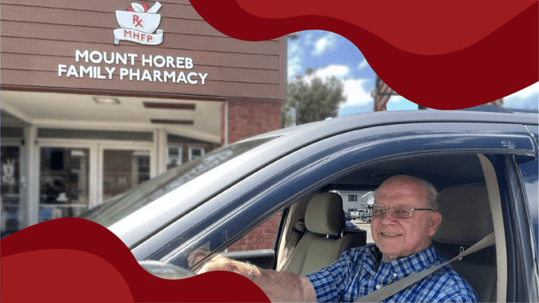 Delivery driver Mark sitting in his car outside Mount Horeb Family Pharmacy